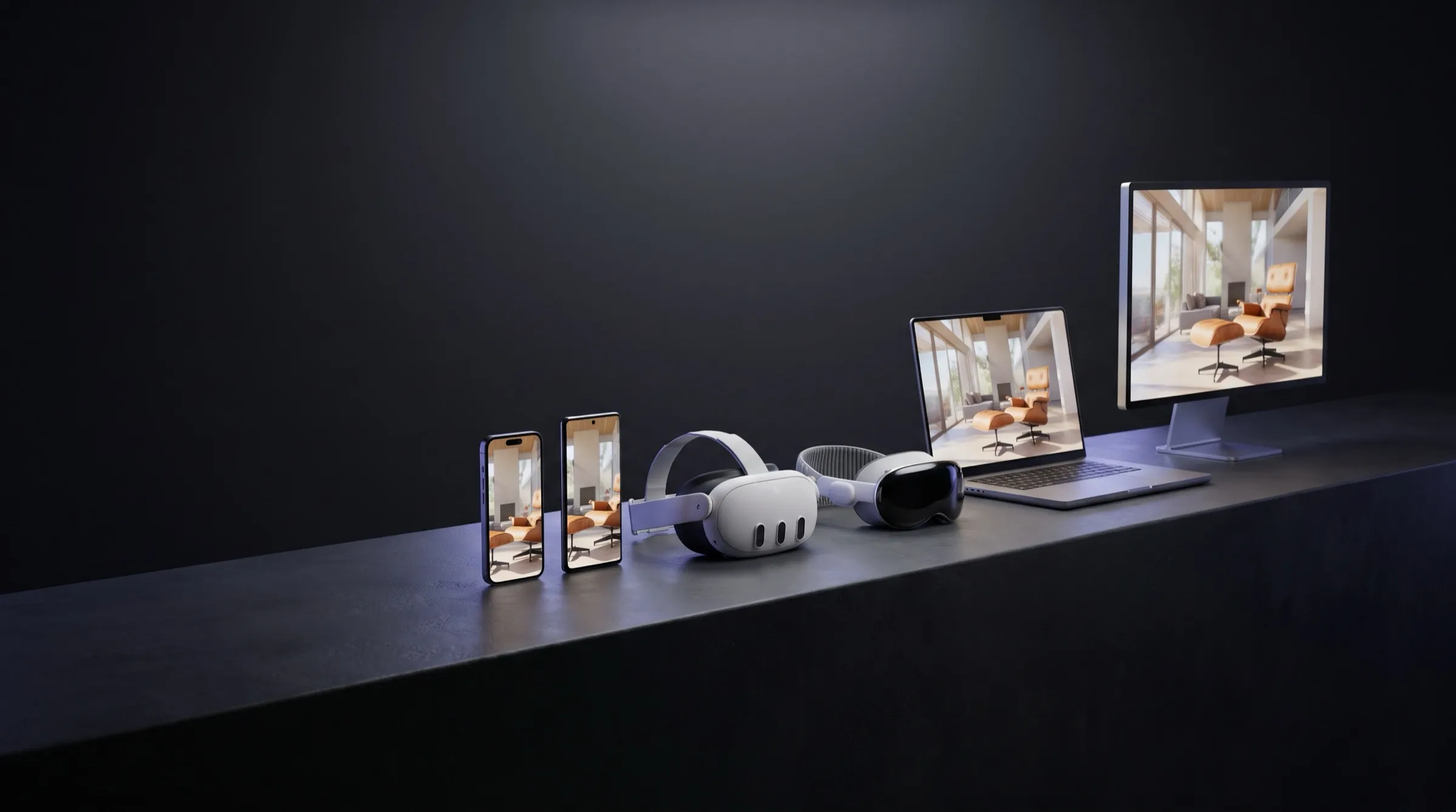 An iPhone, an Android phone, Meta Quest, Apple Vision Pro, a laptop and a monitor, all showing the same 3D scene