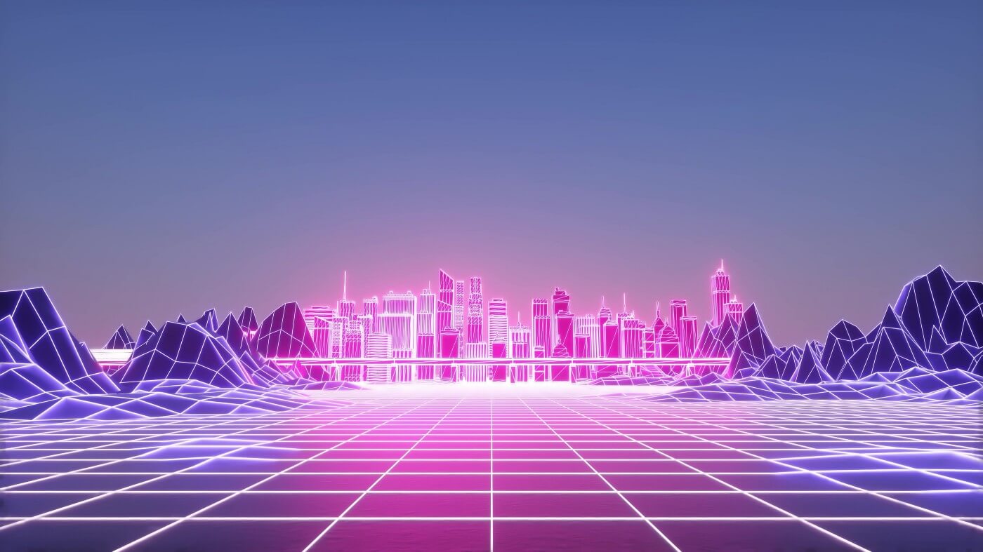 Retro neon wireframe landscape with a glowing pink city skyline on a grid