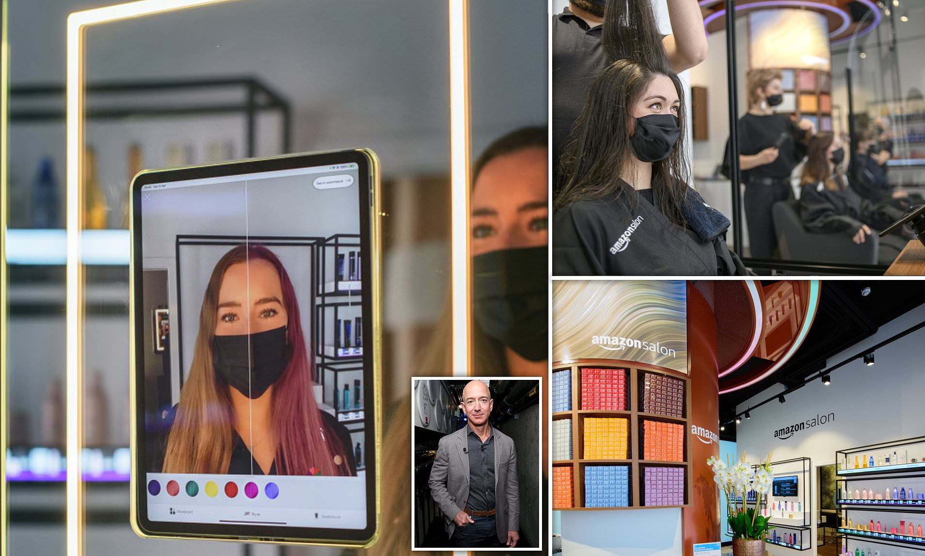 Amazon Salon collage of an AR hair colour try-on tablet, a stylist at work and the salon interior