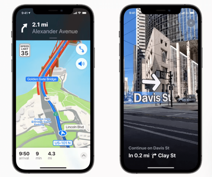 Two iPhones showing Apple Maps 3D driving directions and AR walking directions on Davis St