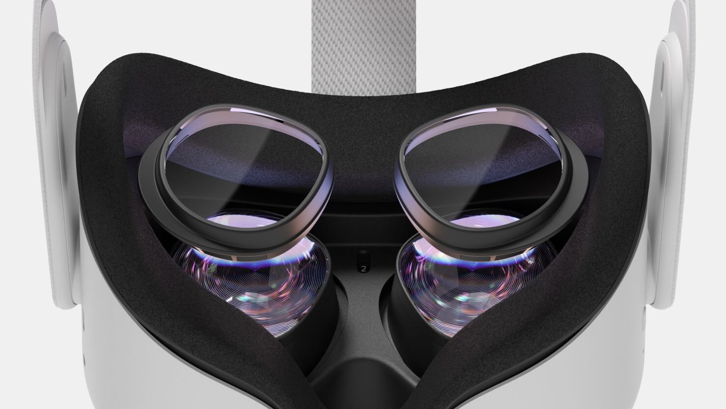 Inside view of a white Oculus Quest headset fitted with prescription lens inserts