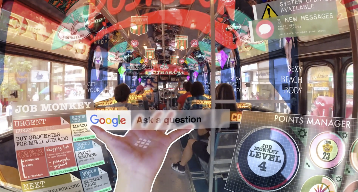 Bus interior cluttered with AR overlays, including a Google search bar, job lists and a points tracker