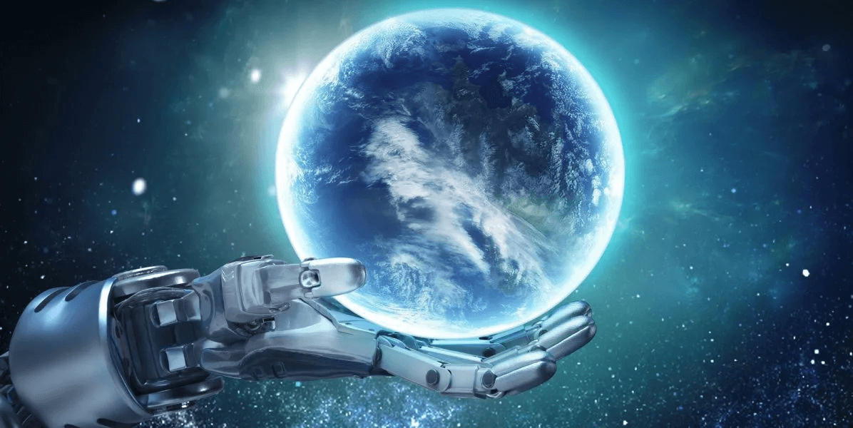 Robotic hand holding a glowing Earth against a starry sky