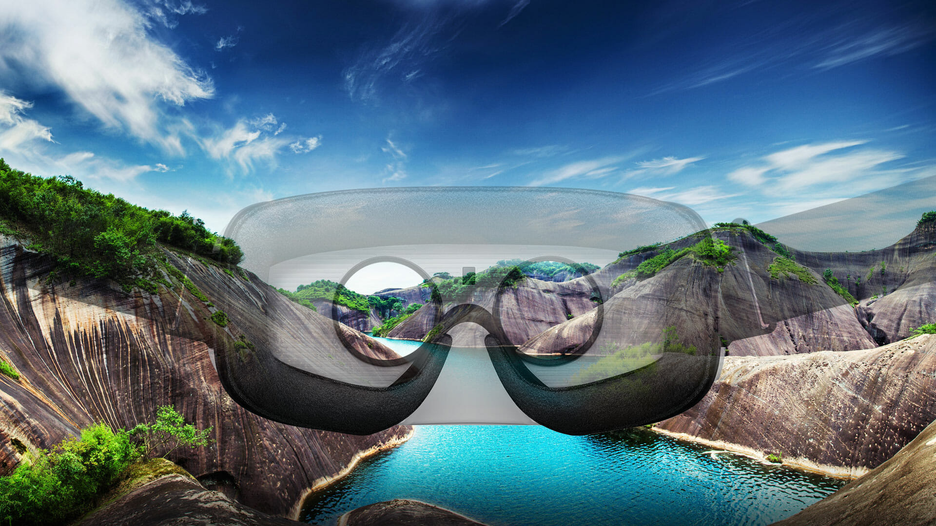 Translucent VR headset outline over a turquoise lake among rocky hills