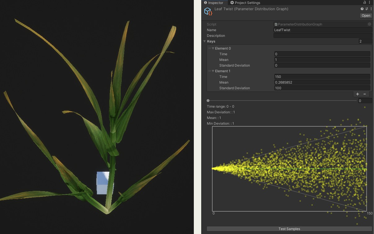 One generated monocot in the Unity editor, and the graph that varies its leaf twist over growth time
