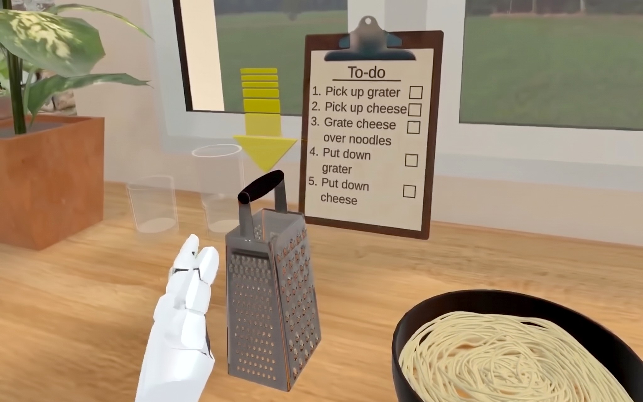 In the kitchen: grating cheese over a bowl of pasta, with farmland outside the window