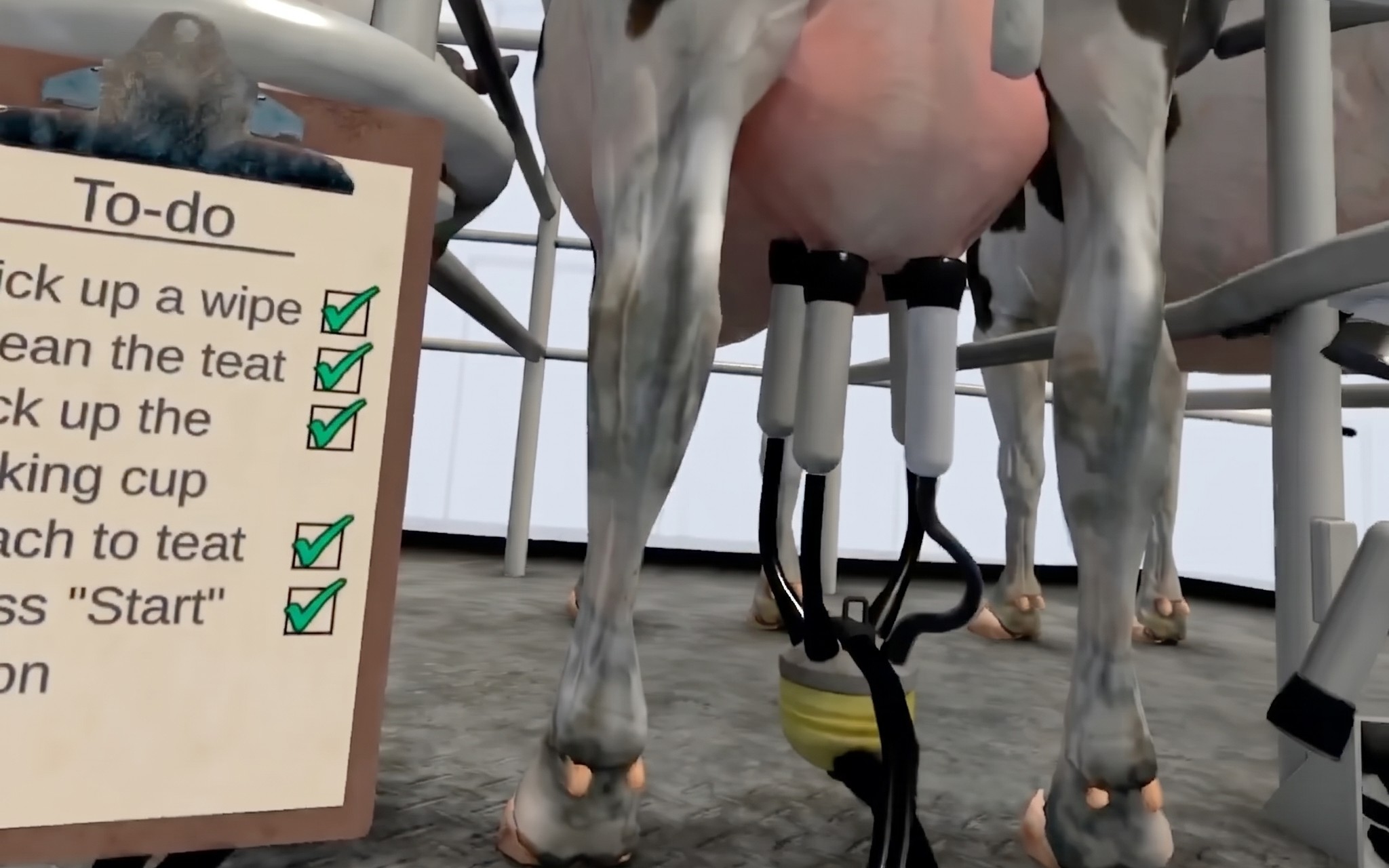 The milking task in 3D: wipe, clean the teat, attach the cups and press start, ticked off on the clipboard