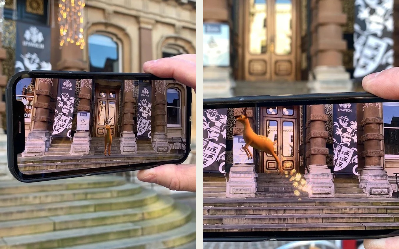 Sammy the reindeer on the Town Hall steps, then leaping across the entrance in a trail of sparkles