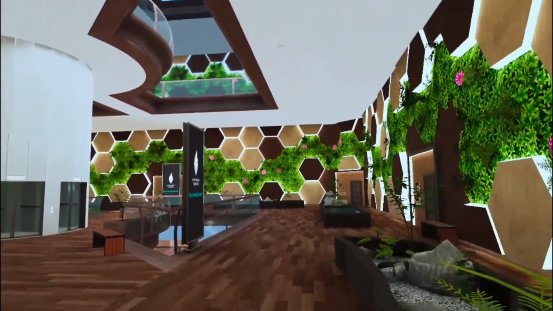 The lobby and its living hexagon walls, captured in the VR build