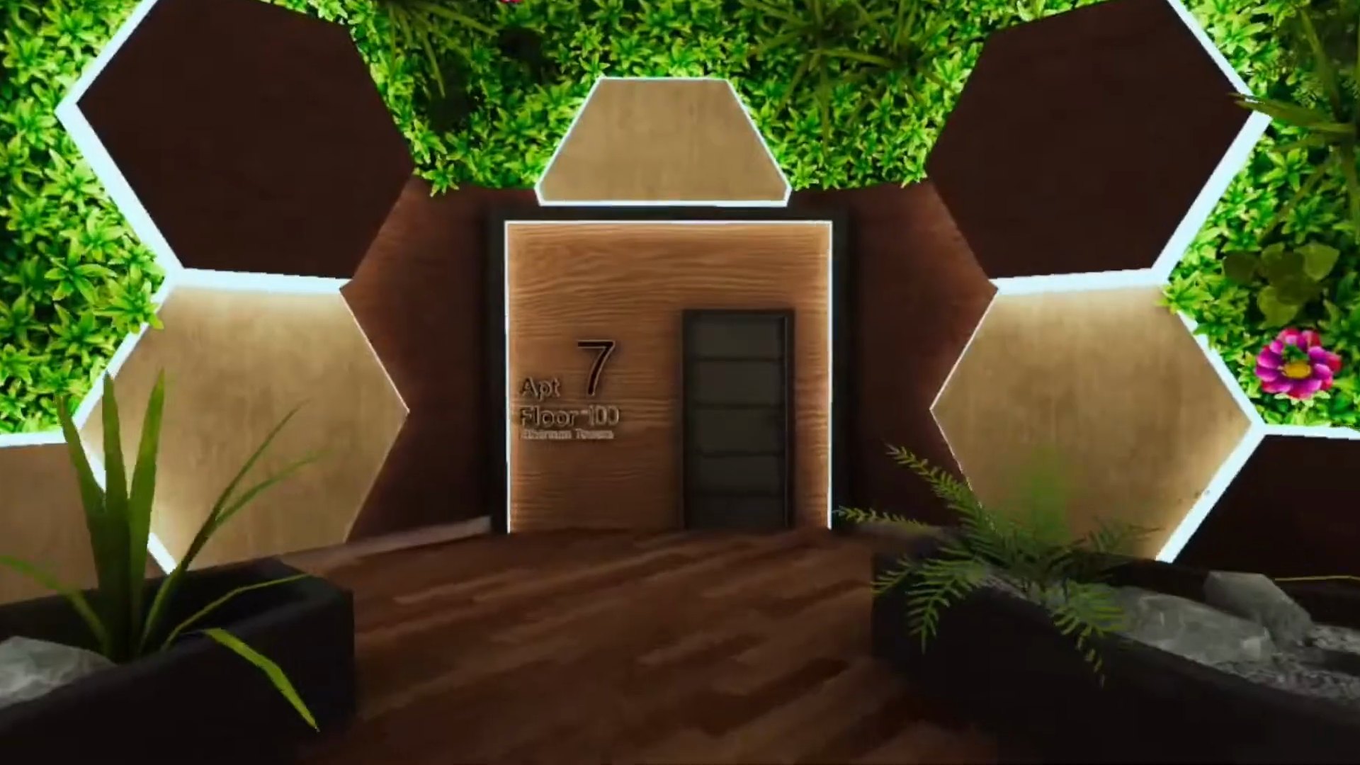 An apartment door, numbered for its owner, in the VR build
