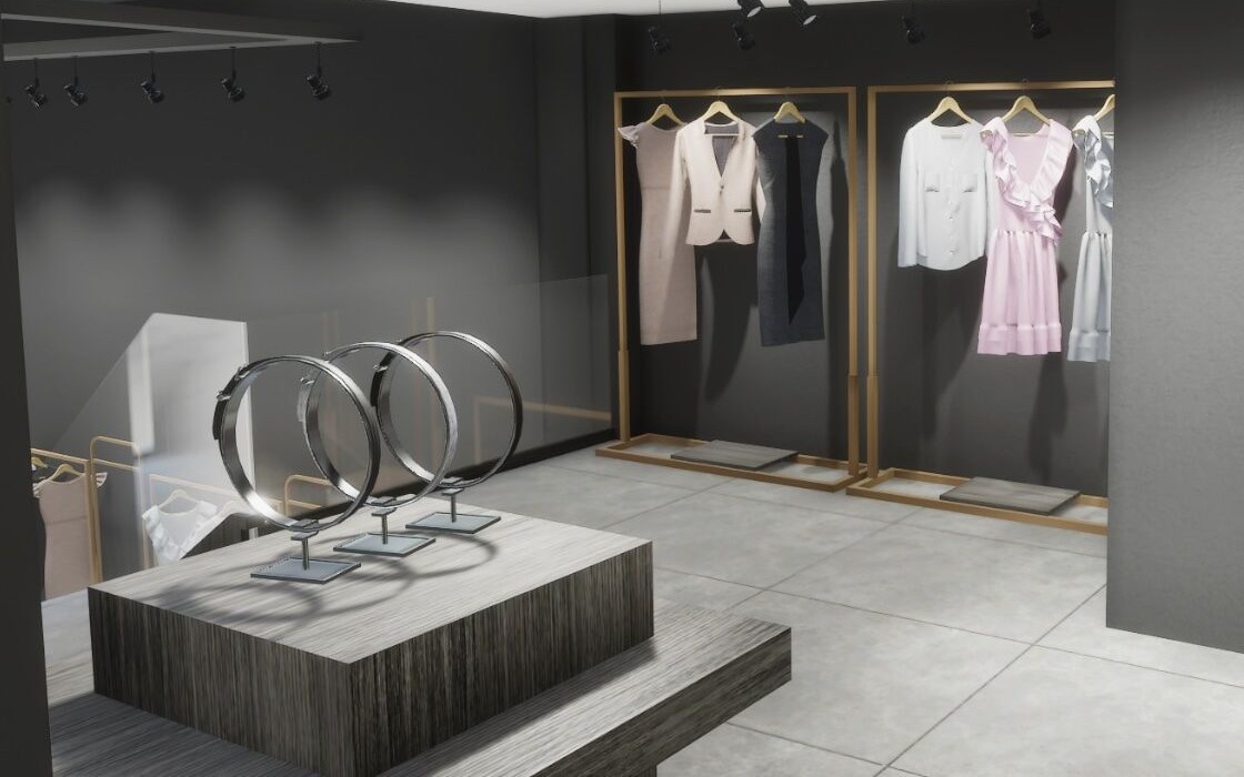 Clothing rails and a display plinth on the upper floor