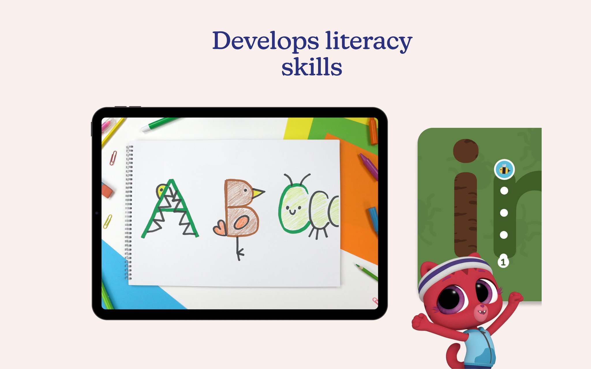 Early literacy: letter drawing on iPad with an animated character guide