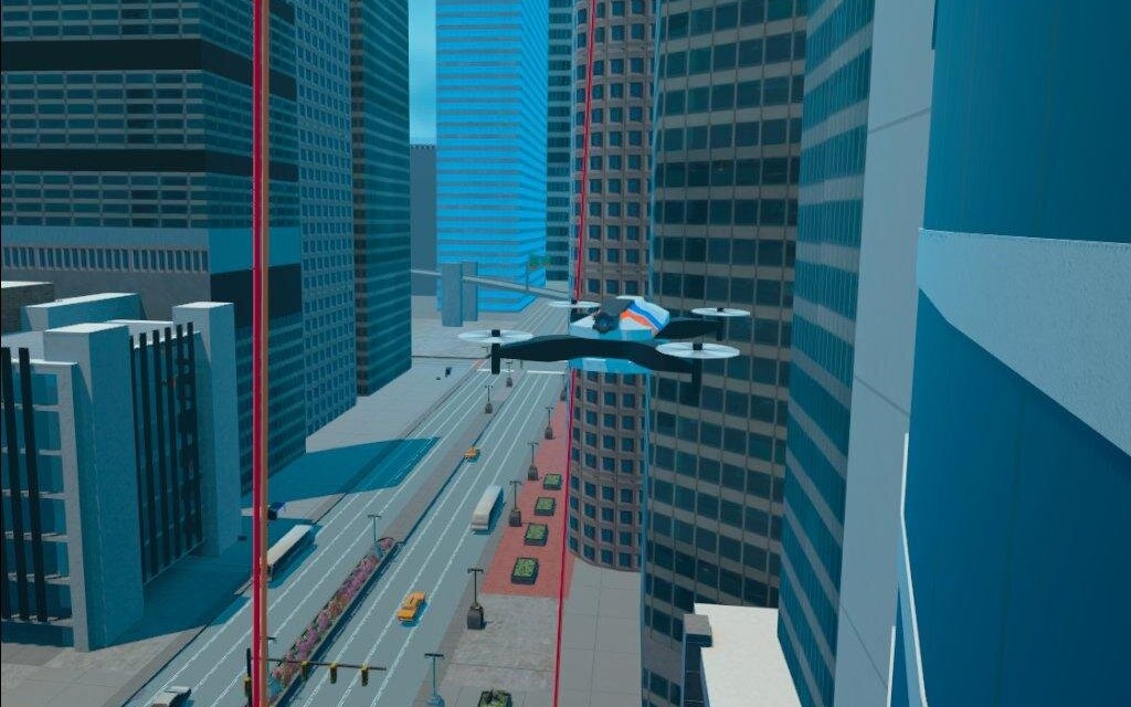A drone flies past between the buildings mid-descent