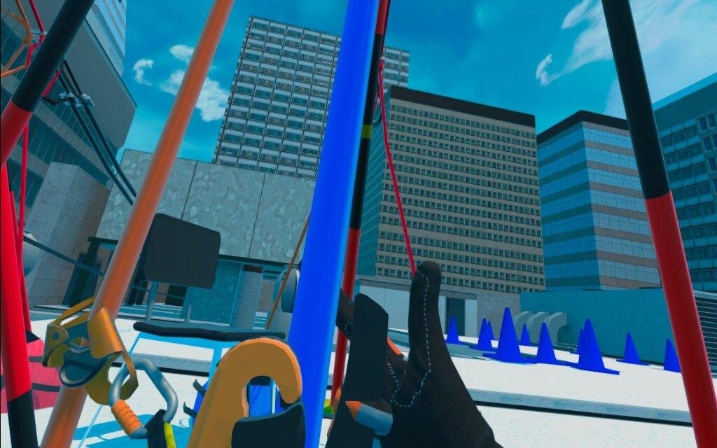 Clipping in at the rig before going over the edge