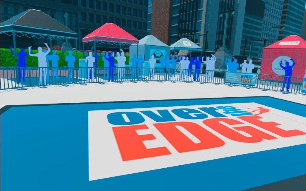 The landing zone, with a cheering crowd behind the barriers