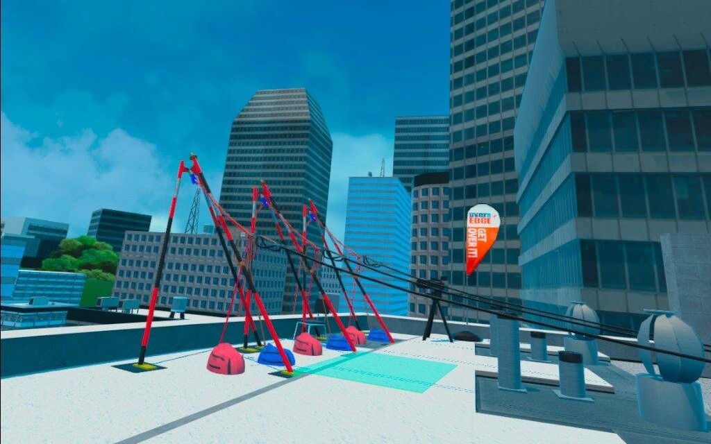 Rappelling rigs at the roof’s edge, with the city skyline all around