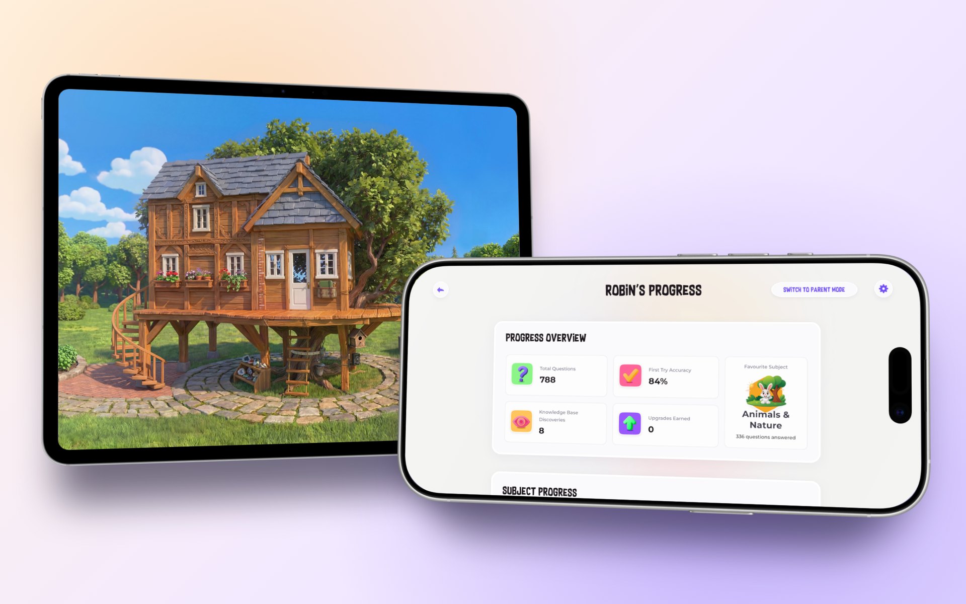 Children build their treehouse while parents follow their progress