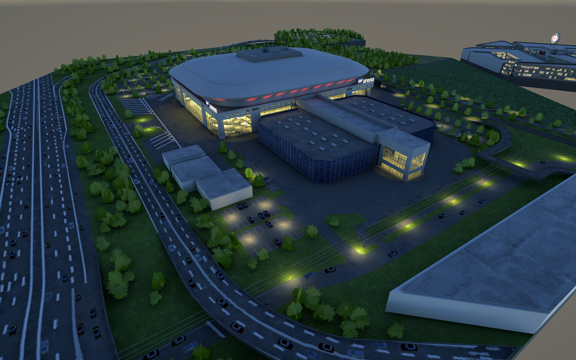 The 3D model from night to day and back, as the app moves it through a match day. Night is the app’s own render; day, golden hour and dusk are AI relights of that same frame