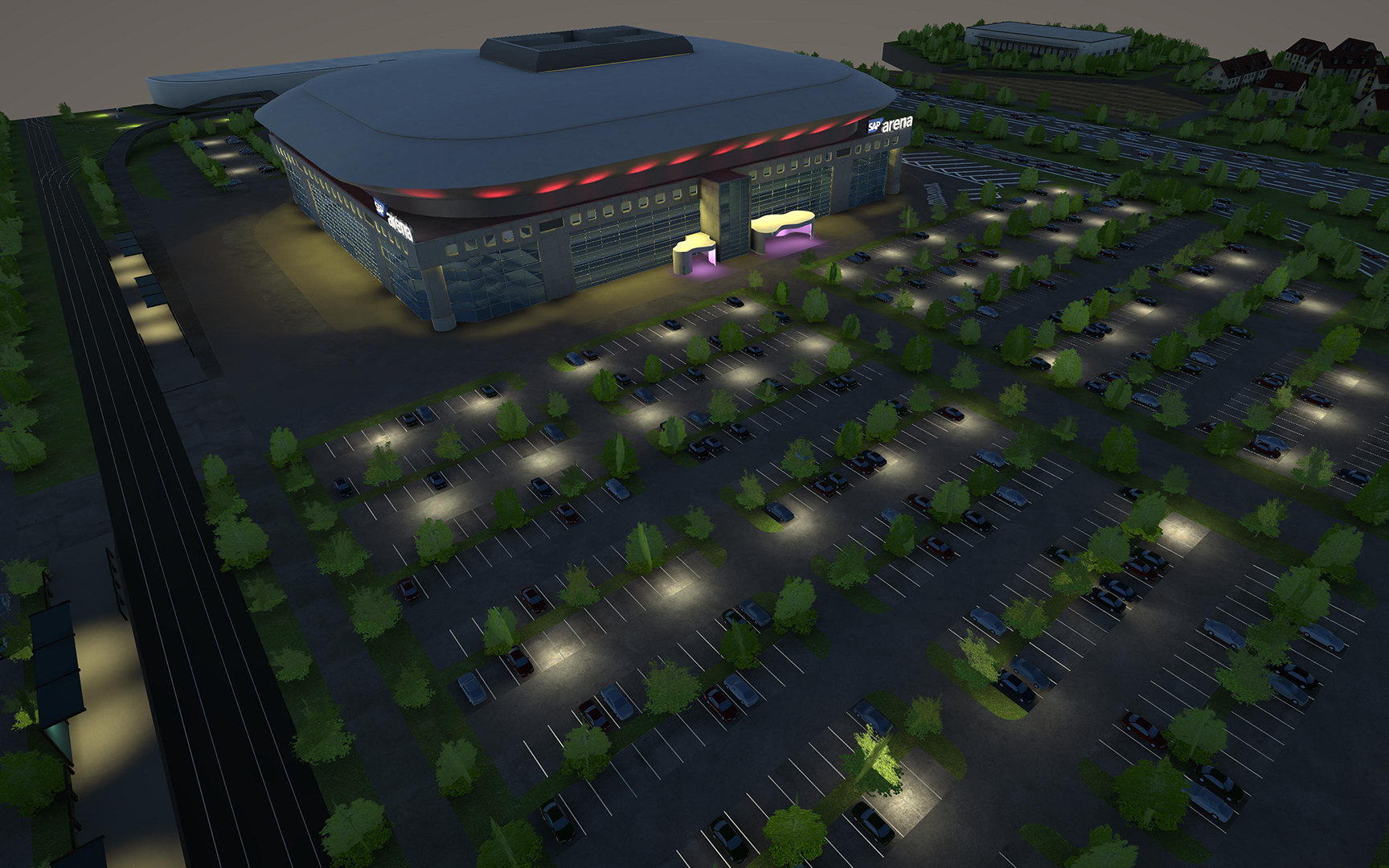 The model at night, rendered in the app’s Unity project: the red LED roof strip, lit entrances and car park lighting
