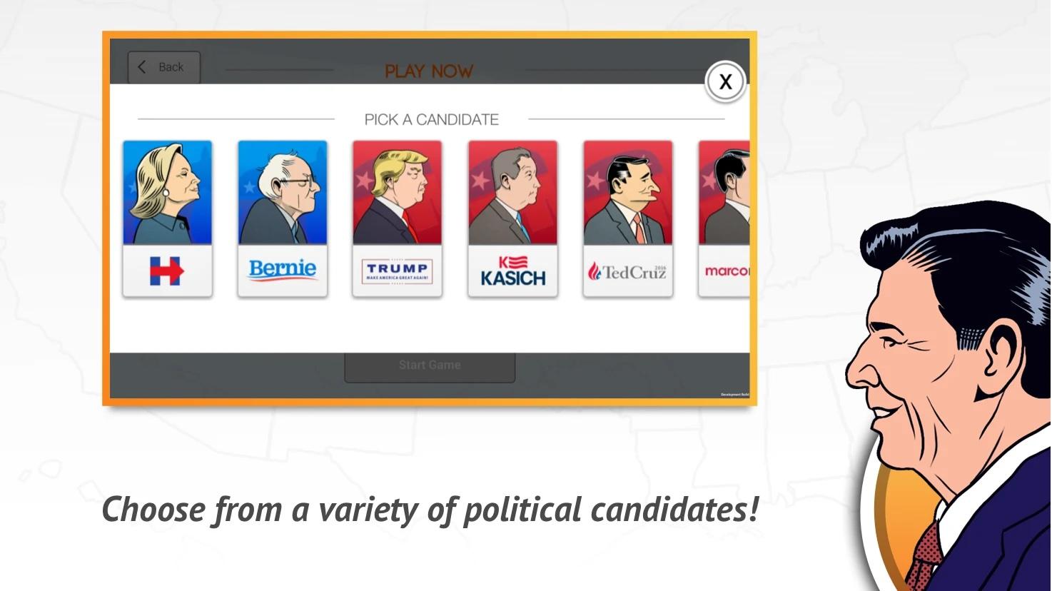 Candidate selection screen showing cartoon caricatures of political figures with their campaign logos