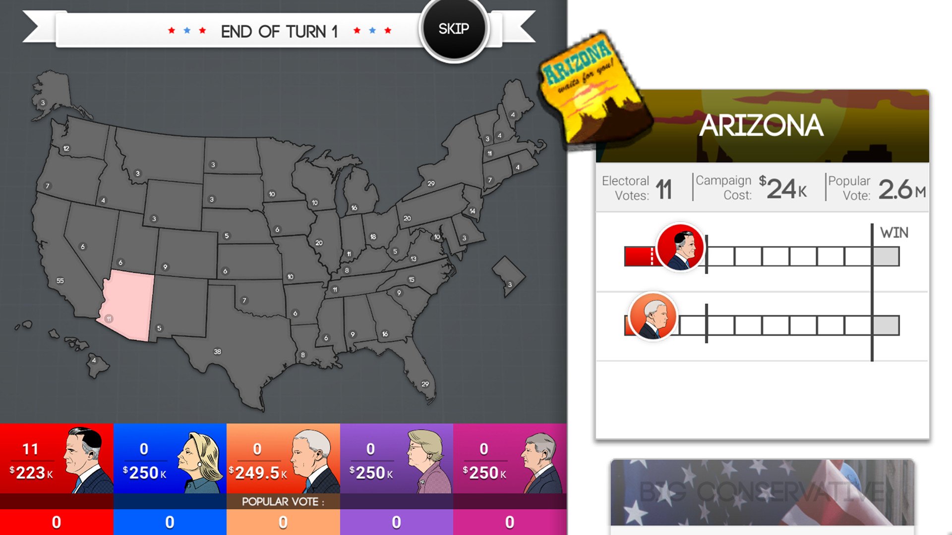End of a turn: the electoral map, with each state’s votes, campaign cost and race
