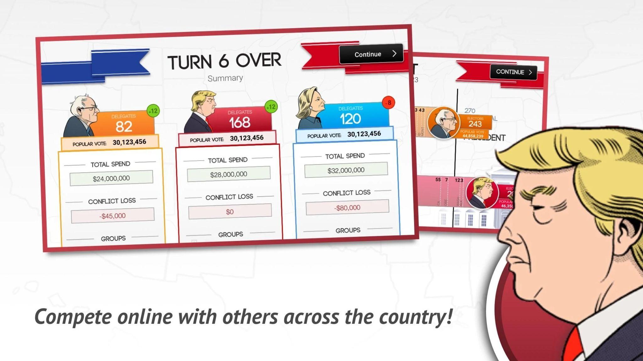 Multiplayer turn summary showing three candidates’ delegate counts, popular votes, campaign spending, and conflict losses