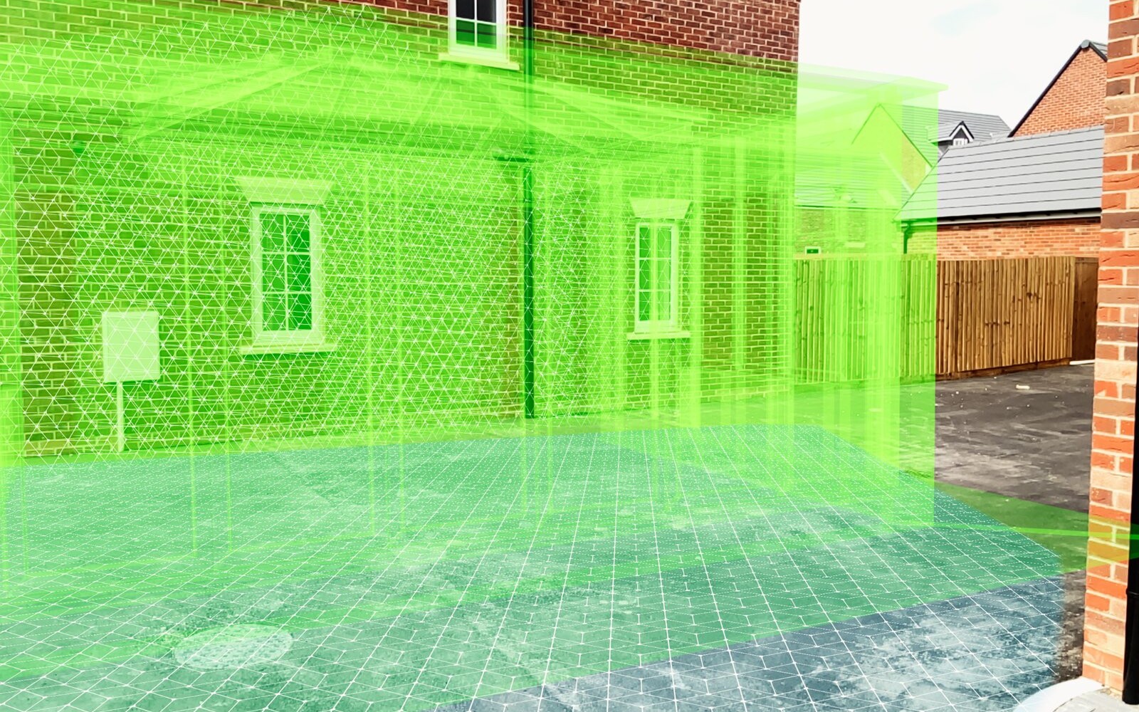 Placement preview: the extension’s outline aligned to the wall and the ground