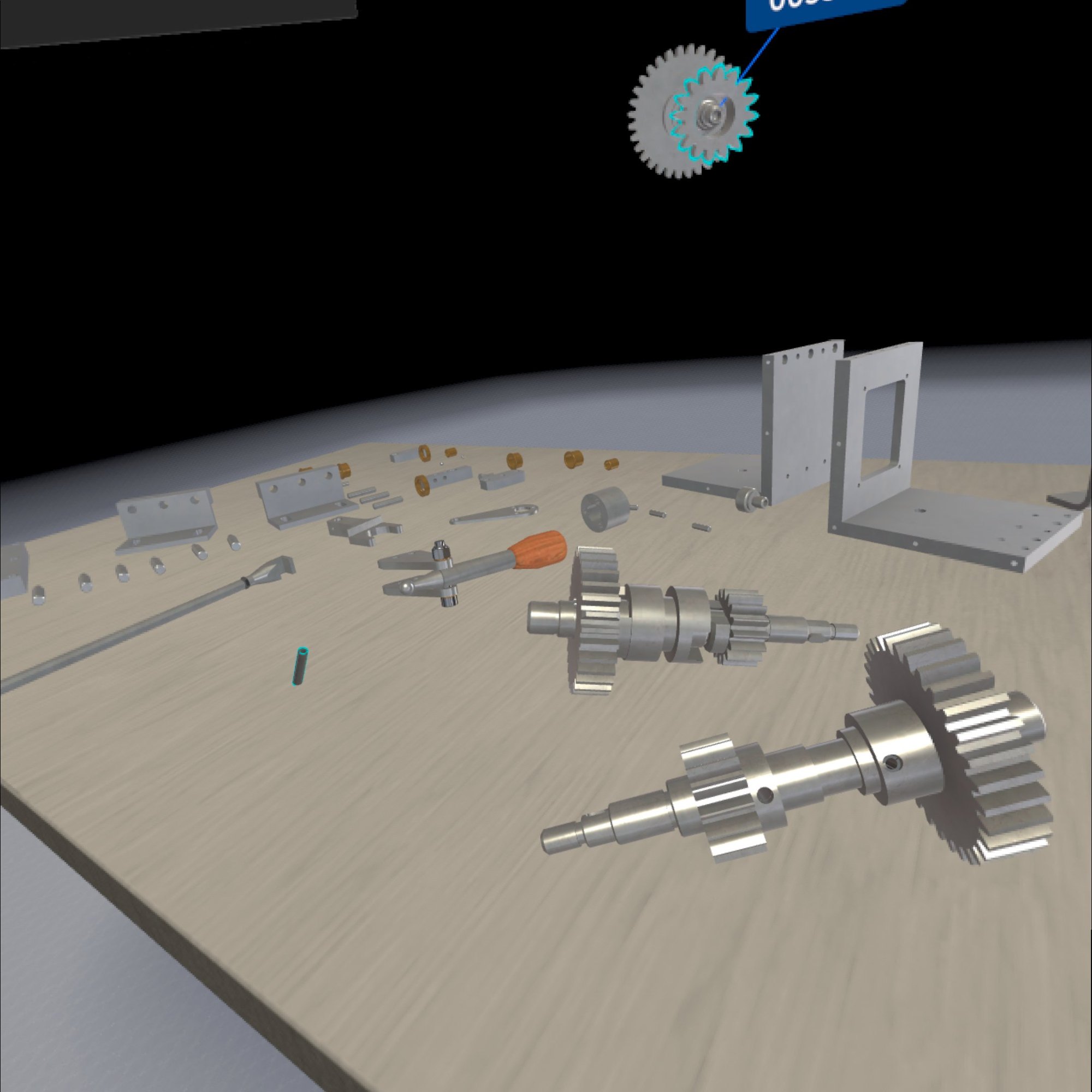 Gearbox parts laid out in the virtual workshop, captured in the headset