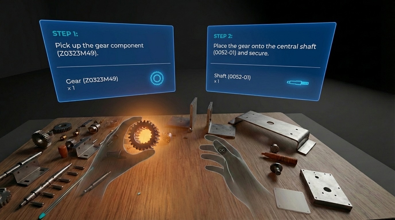 VR mode – tracked hands picking up a gear component from a virtual workbench with step-by-step assembly instructions