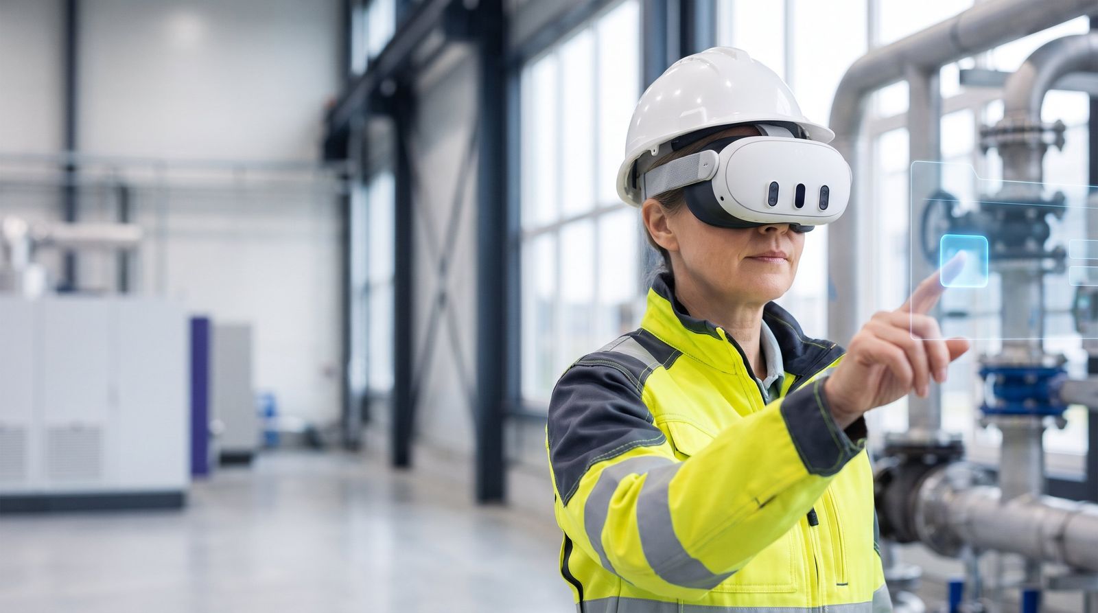 Engineer in a hard hat and hi-vis jacket wearing a Meta Quest 3, tapping a virtual control beside pipework