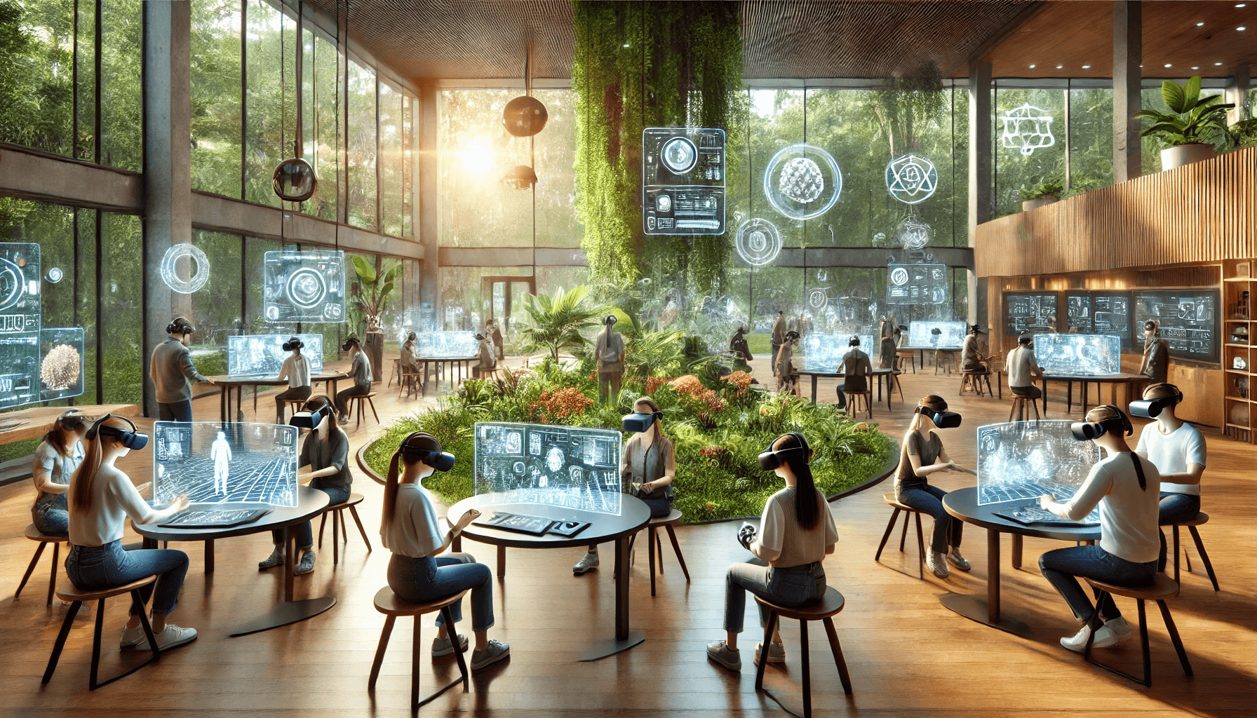AI-generated training room full of plants, where people in VR headsets work at holographic screens