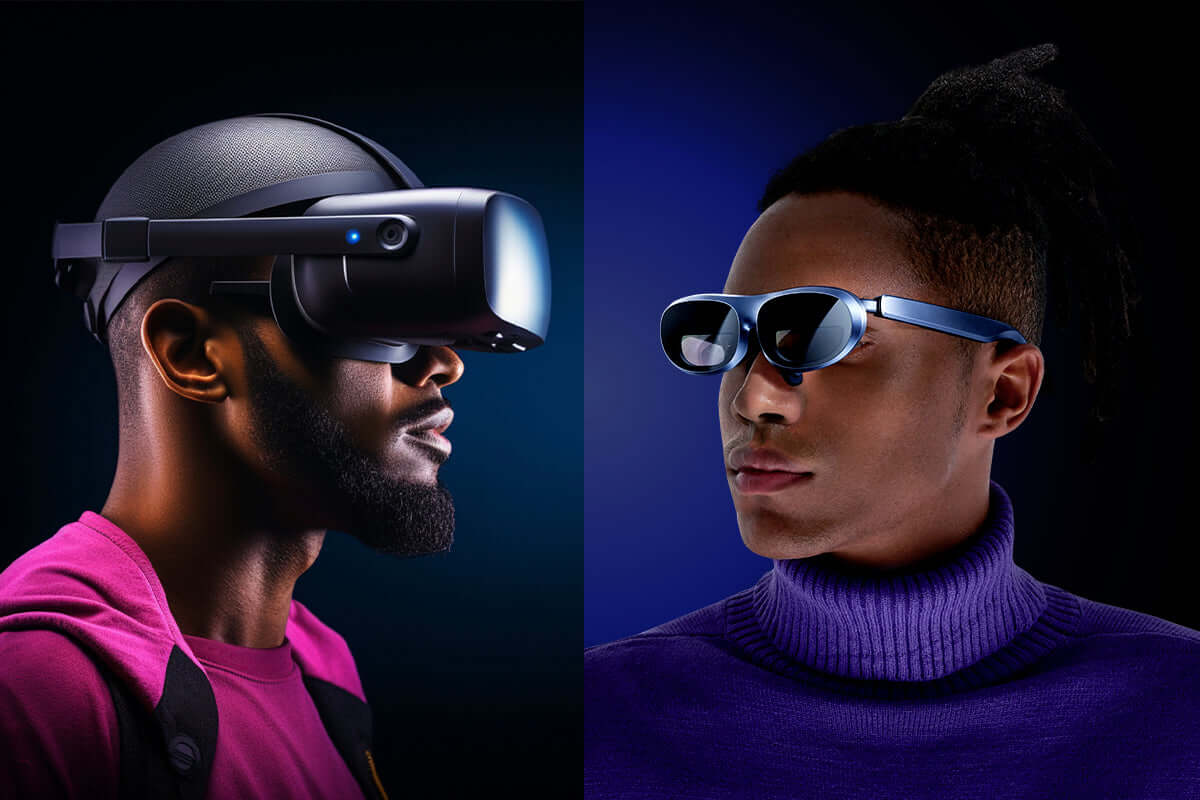 Side-by-side portraits of a man in a VR headset and a man in AR glasses